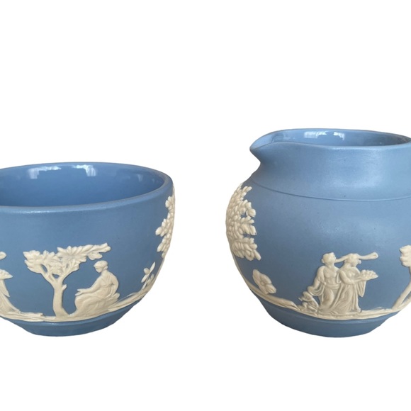 Vtg DUDSON & HANLEY England Blue Jasper Ware GREEK MUSES Mini Creamer+Sugar Bowl - Picture 2 of 6